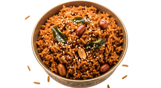 Authentic Tamarind Rice Pulihora with Peanuts and Curry Leaves Top View in Golden Bowl