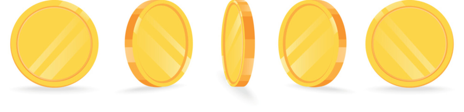 Set of rotating gold coin icons shown at different angles, flat vector illustration of golden coins isolated on white background, perfect for animation frames, UI elements, casino games, slot machines