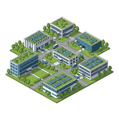 Obraz premium Isometric illustration of a modern urban district featuring sustainable buildings with green roofs and solar panels, surrounded by trees and roads with cars.