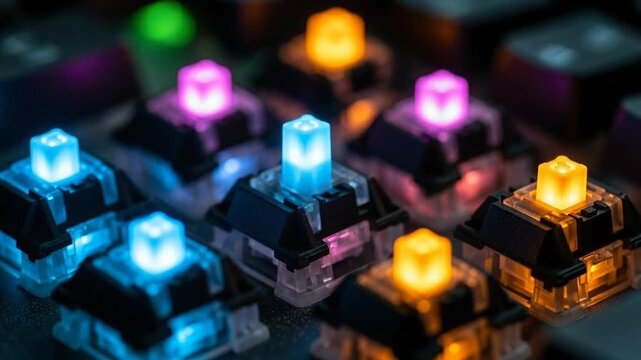 Macro view of mechanical keyboard with RGB lighting and custom keycaps display
