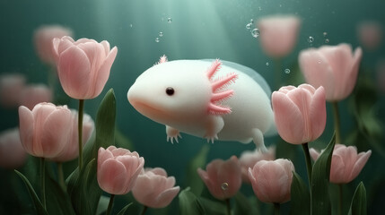 Axolotl, Axolotl swimming in a vibrant underwater garden filled with colorful tulips and roses.