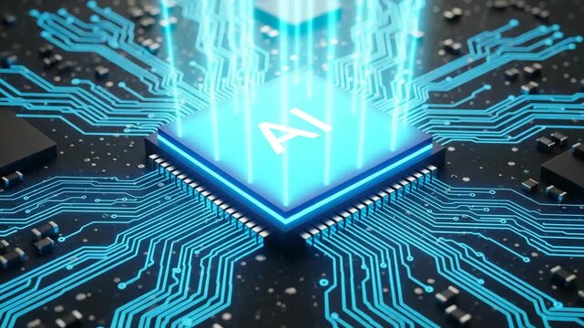 Cybernetic Enlightenment: A luminous circuit board glows with an embedded AI, depicting the rapid advancements in technology