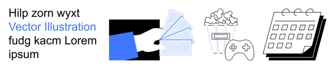 Entertainment, gaming, planning, marketing, digital tools, and lifestyle. Hand holding cards, popcorn with gamepad and a calendar. Entertainment and gaming concept for creative projects © robu_s