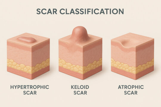 Educational skin diagram for dermatology showing scar classification. medical infographic of hypertrophic, keloid, and atrophic types on skin cross section. Informative graphic