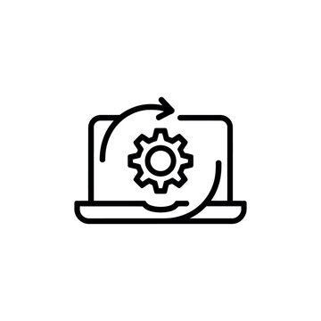 A simple black line icon of a laptop with a gear