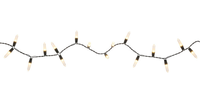 String of white christmas lights on black