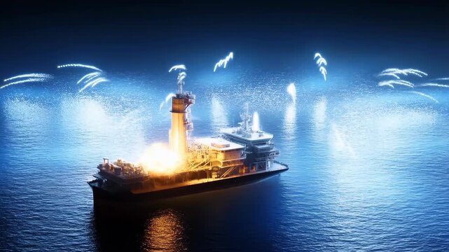 Ship offshore oil rig with bright flares light up in the dark ocean waters at night featuring drilling, platform, industrial with energy and