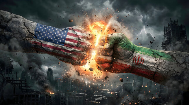USA vs Iran conflict concept with two cracked fists painted with flags colliding in a fiery explosion, symbolizing political tension and war
