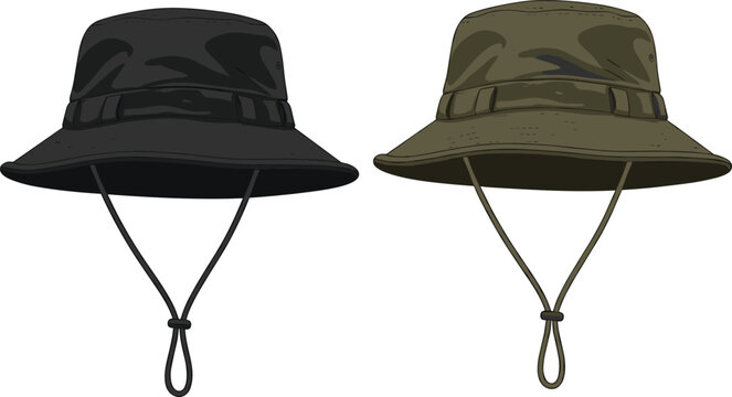 Military boonie hat set in black and olive green colors, tactical army bucket hats with chin strap isolated 