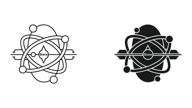 Abstract Atomic Model Icon Symbol with Brane Text - Line Art and Solid Fill