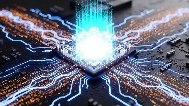 Digital Brain: An abstract depiction of a sophisticated central processing unit (CPU), radiating digital signals. It captures the essence of technology and data processing. 