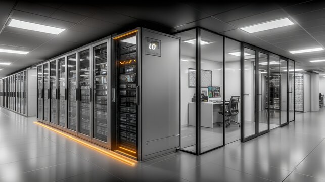 Data center server room with equipment racks, networking hardware, and modern office space interior