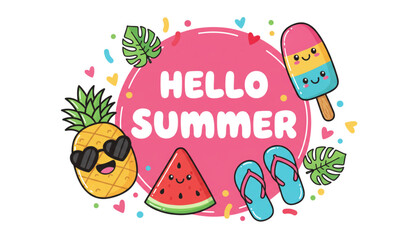 Fototapeta premium Cute Hello Summer Cartoon Graphic with Pineapple Watermelon Popsicle Flip Flops for Happy Seasonal Vacation Promotion