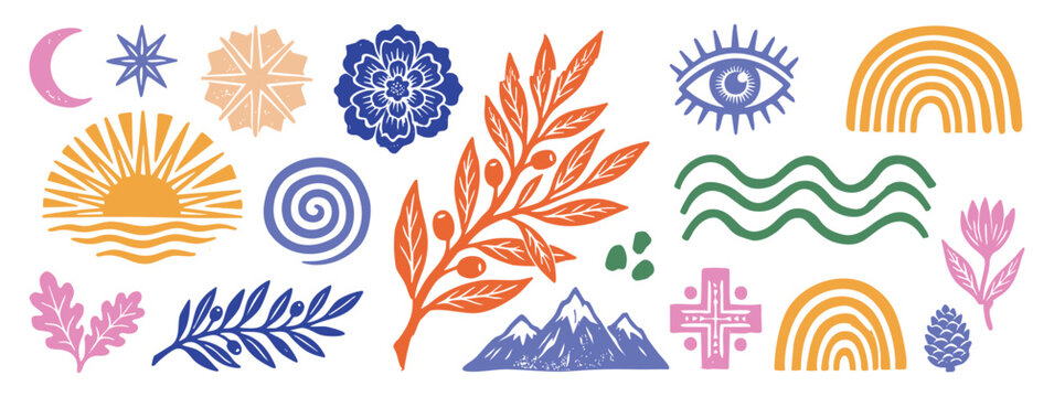 Bohemian mystic doodle nature elements. Colorful sun and moon line art icons. Floral branch and magic eye EPS vector graphics. Retro flat silhouette print layout illustration. 