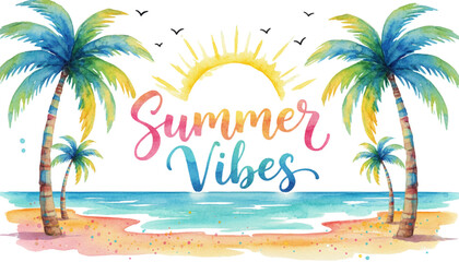 Obraz premium Happy Summer Vibes Tropical Beach Scene with Palm Trees and Sunny Ocean. Perfect for Vacation, Travel, and Holiday Marketing.