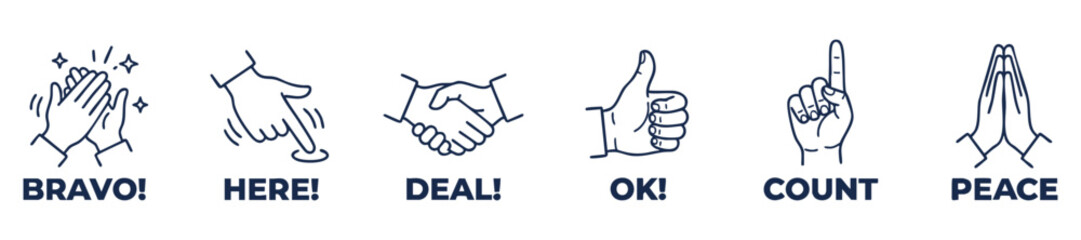 Fototapeta premium Corporate teamwork and agreement hand signals. Blue vector line art handshake and applause icons. Editable EPS illustration element set. Business deal outline doodle signs. 