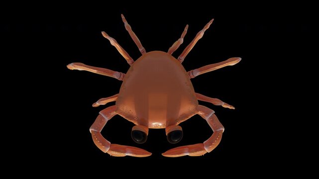 3D Orange Crab Walking AnimationTop View Alpha Channel. High-quality 3D animation of an orange crab entering from the left, pausing in the center with claw and eye movements, and exiting to the right.