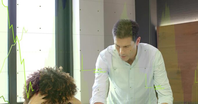 Biz woman sorting docs man entering with coffee starting meeting pointing green graph over tablet