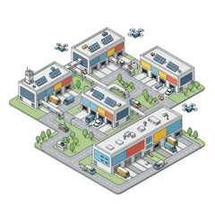 Fototapeta premium Isometric illustration of a modern logistics and distribution center with drones, delivery trucks, and solar panels on rooftops.