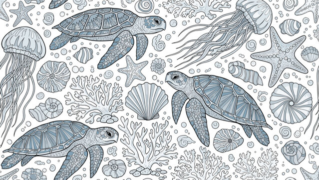 Detailed seamless pattern showcasing various sea turtles, jellyfish, starfish, coral, and seashells in muted blue and grey tones on white.