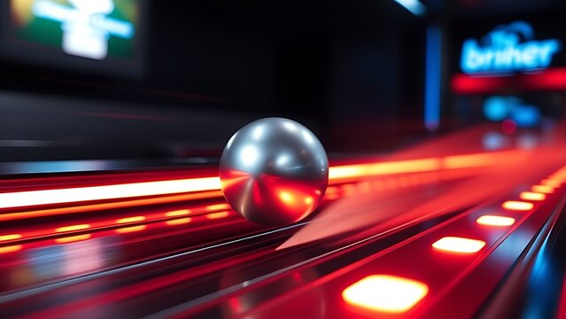 A silver pinball rolling on a glowing track and impacting a shiny bumper. event key visuals, club posters, designed for sports event promotions and stadium branding.