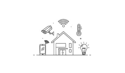 A smart home system with various connected devices and icons © MdLiton