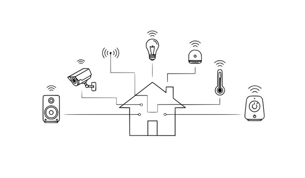 A smart home system with various connected devices and appliances