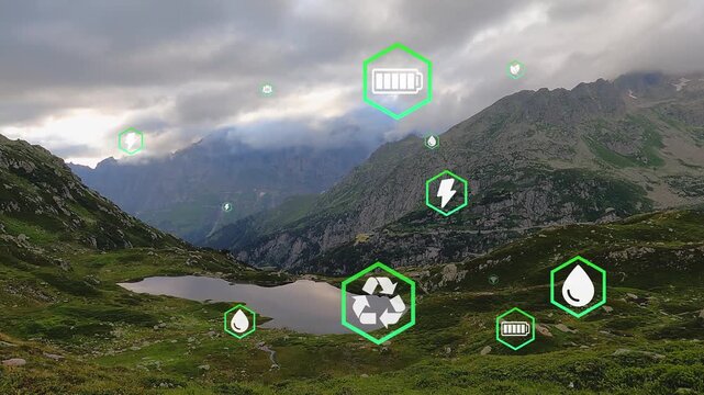 Landscape showing environmental analytics in elevated view, with green flat design icons. Sustainable, ecology, analytics, landscape, renewable, agriculture, data visualization