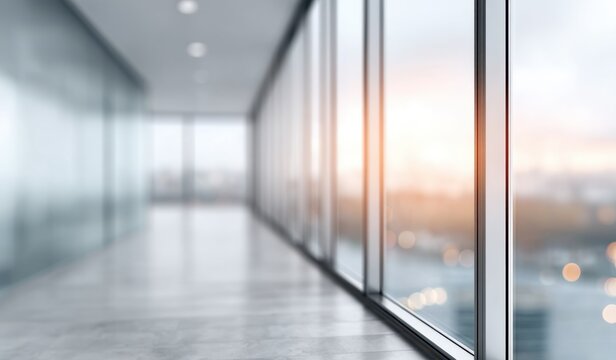 Modern Office Interior with Panoramic Window View and Natural Light, Ideal for Corporate and Architectural Concepts