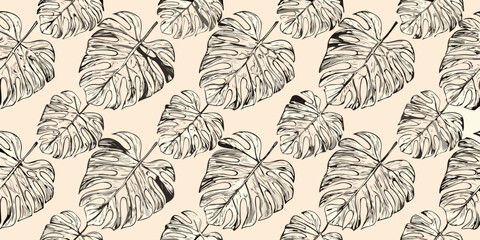Seamless pattern of monstera leaves in a delicate neutral tone © Mityunjoy