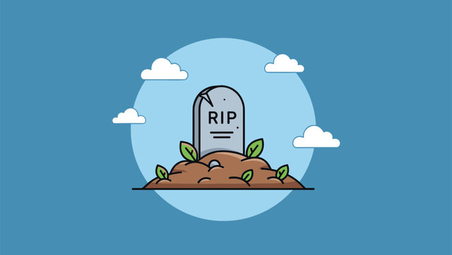 Illustration of a gravestone with RIP text on a small mound of dirt with green leaves under a clear blue sky with white clouds.