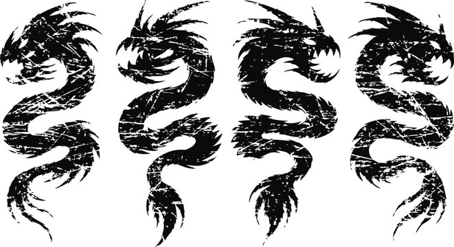 Set of four black dragon silhouettes with rough grunge texture, mythical creature tattoos and fantasy art designs