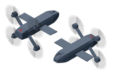 Isometric military two compact interceptor drones with four rotors and fixed wings, anti drone. Aerial defense, unmanned aircraft technology, air patrol, surveillance and tactical security