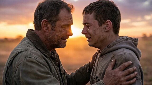 Mature man comforts crying boy at sunset. Spiritual connection between father and son representing divine love and reconciliation in a pastoral outdoor setting.