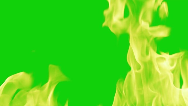 Realistic fire effect with blazing flames rising on an isolated green screen background, Red bright fire flames dance against isolated background. Orange yellow fireflames burning. 4K HD