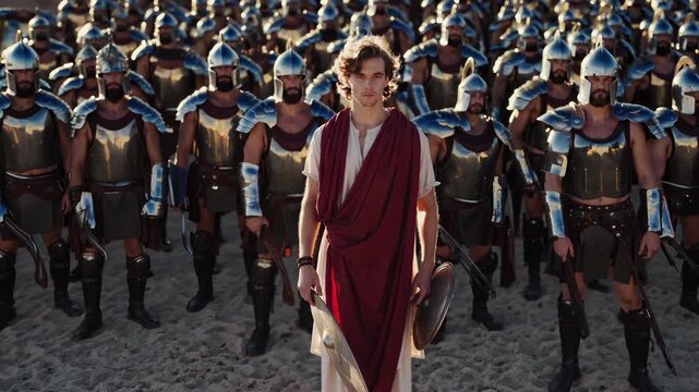 Leader stands before armored army. Young commander leads legion of soldier wearing helmet and armor. Ranked troop hold shield for ancient battle. Image conveys historical tension and readiness