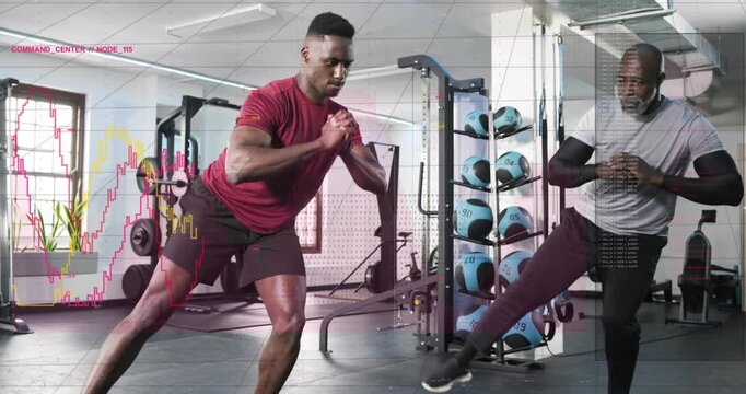 Coach cueing trainee in red, trainee performing knee drives and lunges for balance, graphs shifting