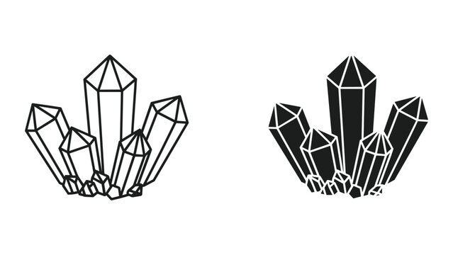 Crystal Cluster Icons: Line Art and Silhouette of Gemstones
