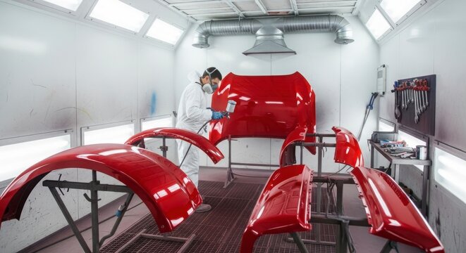 auto body shop worker painting red car parts