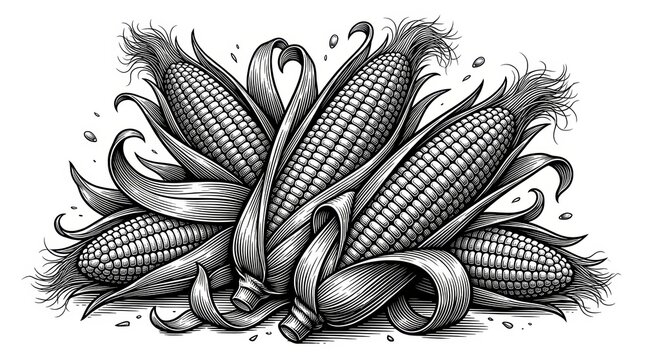 Corn Ears Partially Covered with Husks, Engraved Style Sketch Vector Illustration, Scratchboard Imitation, Generative AI