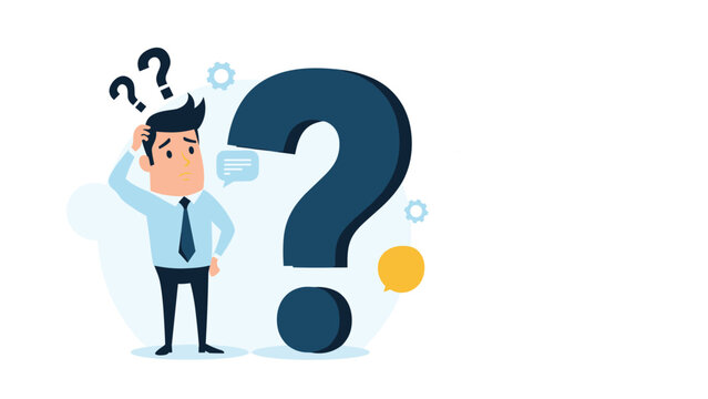 Confused businessman scratching his head while looking at a giant question mark symbol representing problem solving.