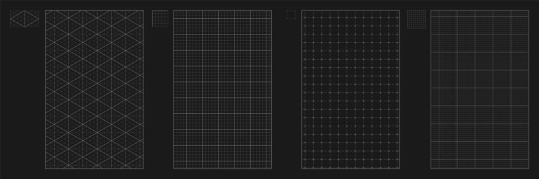 A collection of black millimetr paper backgrounds, including isometric grids and square grid textures from notebook paper. Vector seamless graph paper patterns for technical drawings and planners