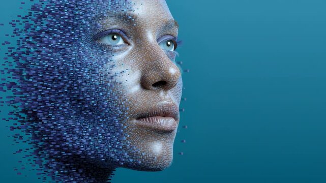 Digital transformation of a female face with pixelated effects, showcasing a gradual transition from solid to fragmented appearance against a blue background