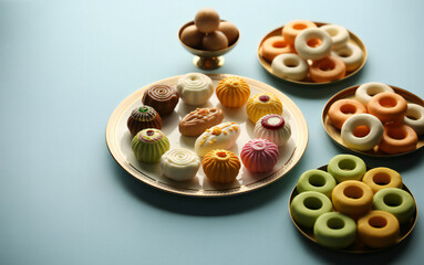 Naklejka premium Vibrant display of colorful donut holes on plates