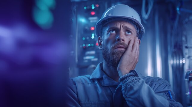 worried engineer monitoring system failure with critical alerts and warning signals