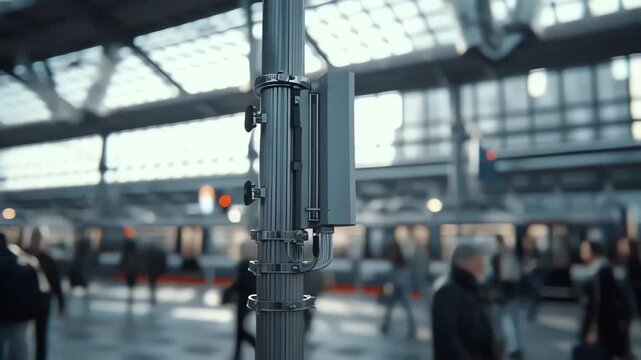 Smart connectivity mast at transit hub showing antennas and edge computing units with blurred urban station background