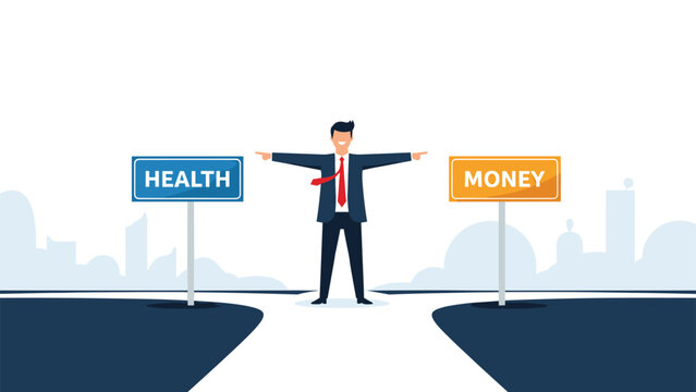 Businessman standing at a crossroads deciding between two paths labeled health and money in a city landscape.