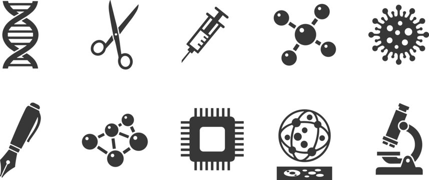 Science and biotechnology vector icon set featuring DNA helix syringe molecule virus microscope and computer chip for laboratory research and technology.