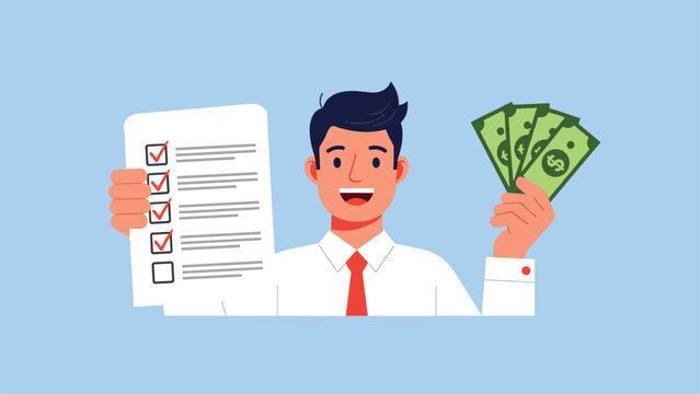 Successful man in a business suit holds a completed checklist in one hand and three dollar bills in the other hand.