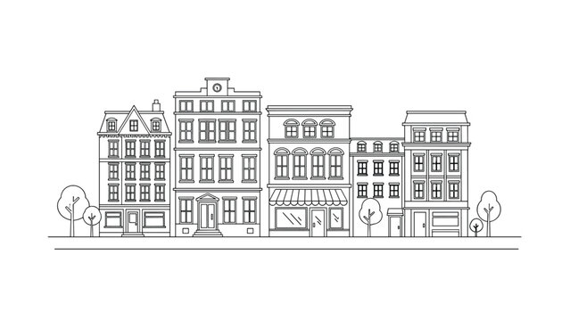 Simple black and white line drawing of a traditional city street with diverse building facades and small trees for coloring or architecture.